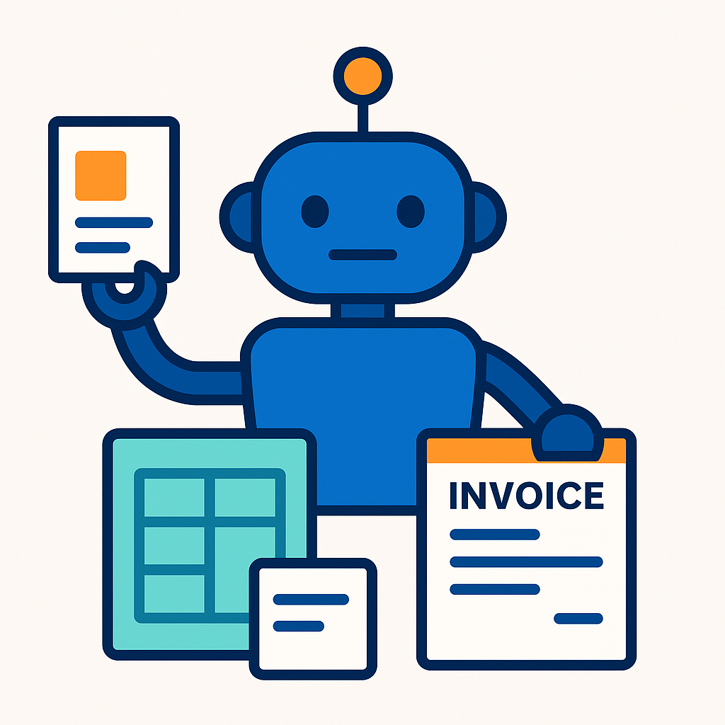 Robot multitarea sosteniendo una factura, una hoja de cálculo y documentos, simbolizando agentes virtuales para tareas repetitivas